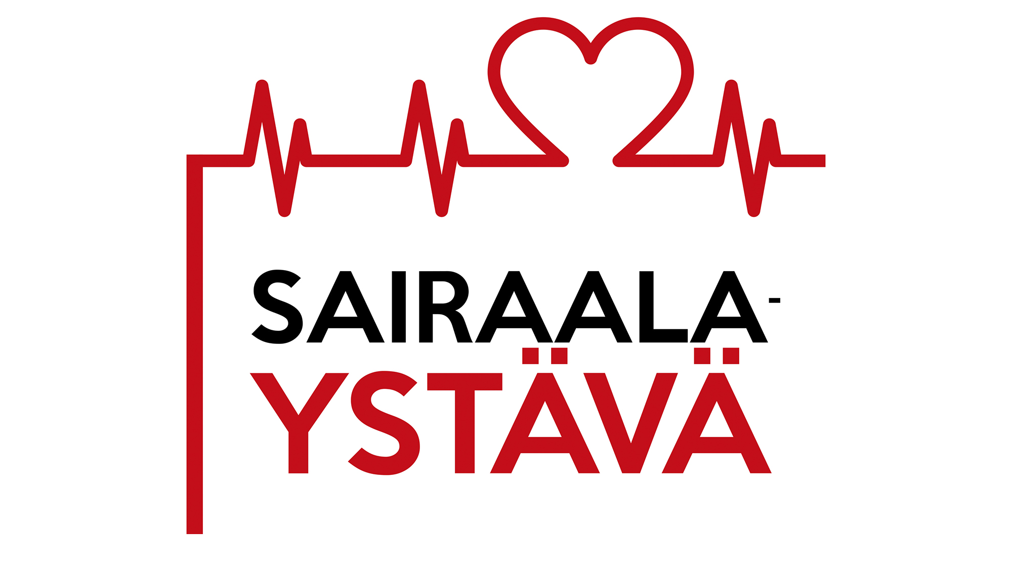 Keskellä on teksti sairaalaystävä ja sen ympärillä punainen viiva muodostaa sydänkäyrän ja sydämen.