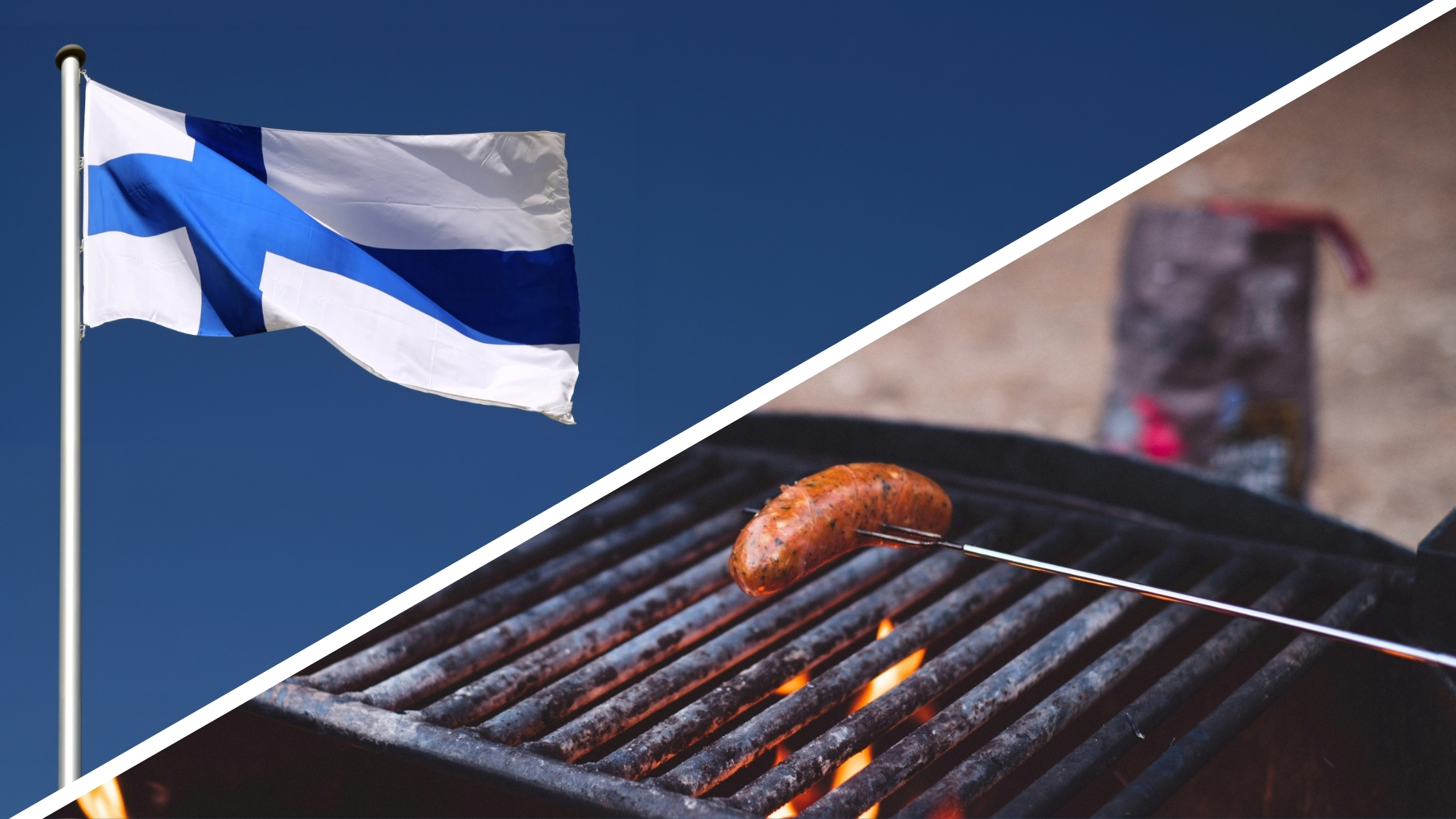 Salossa on Suomen lippu ja toisella puolella kuvaa makkara grillivartaan päässä.
