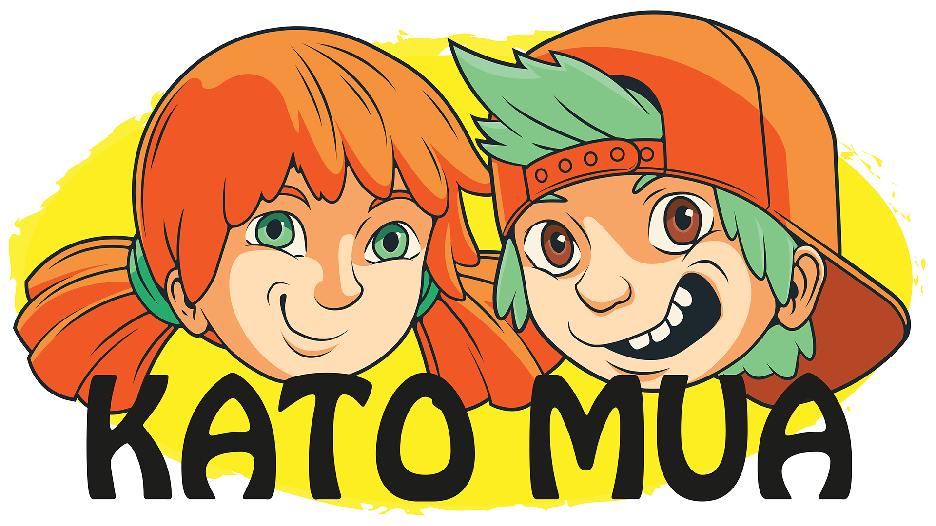 Kaksi piirrettyä lapsen päätä ja teksti Kato mua.