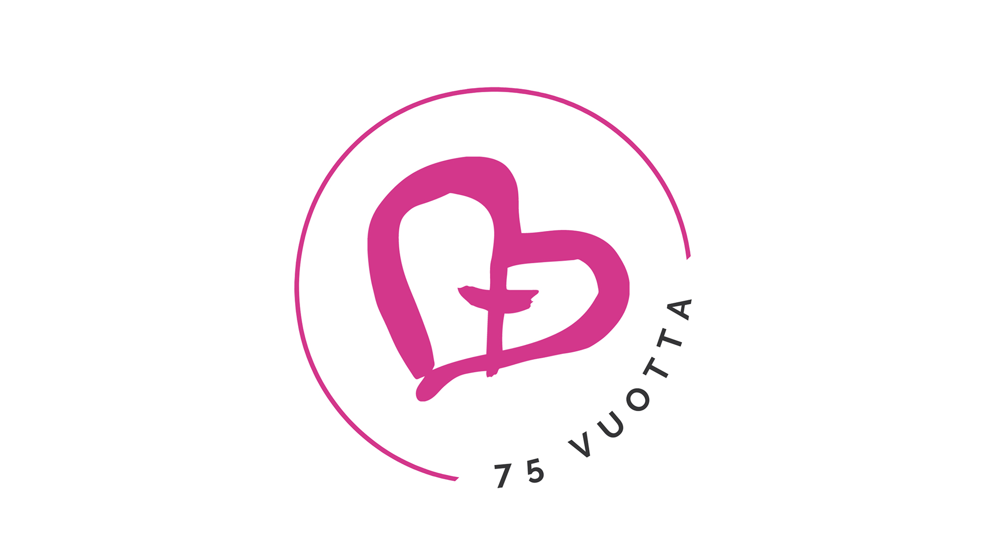 Pinkki sydän, jonka keskellä risti, ympärillä kaari ja teksti 75 vuotta.