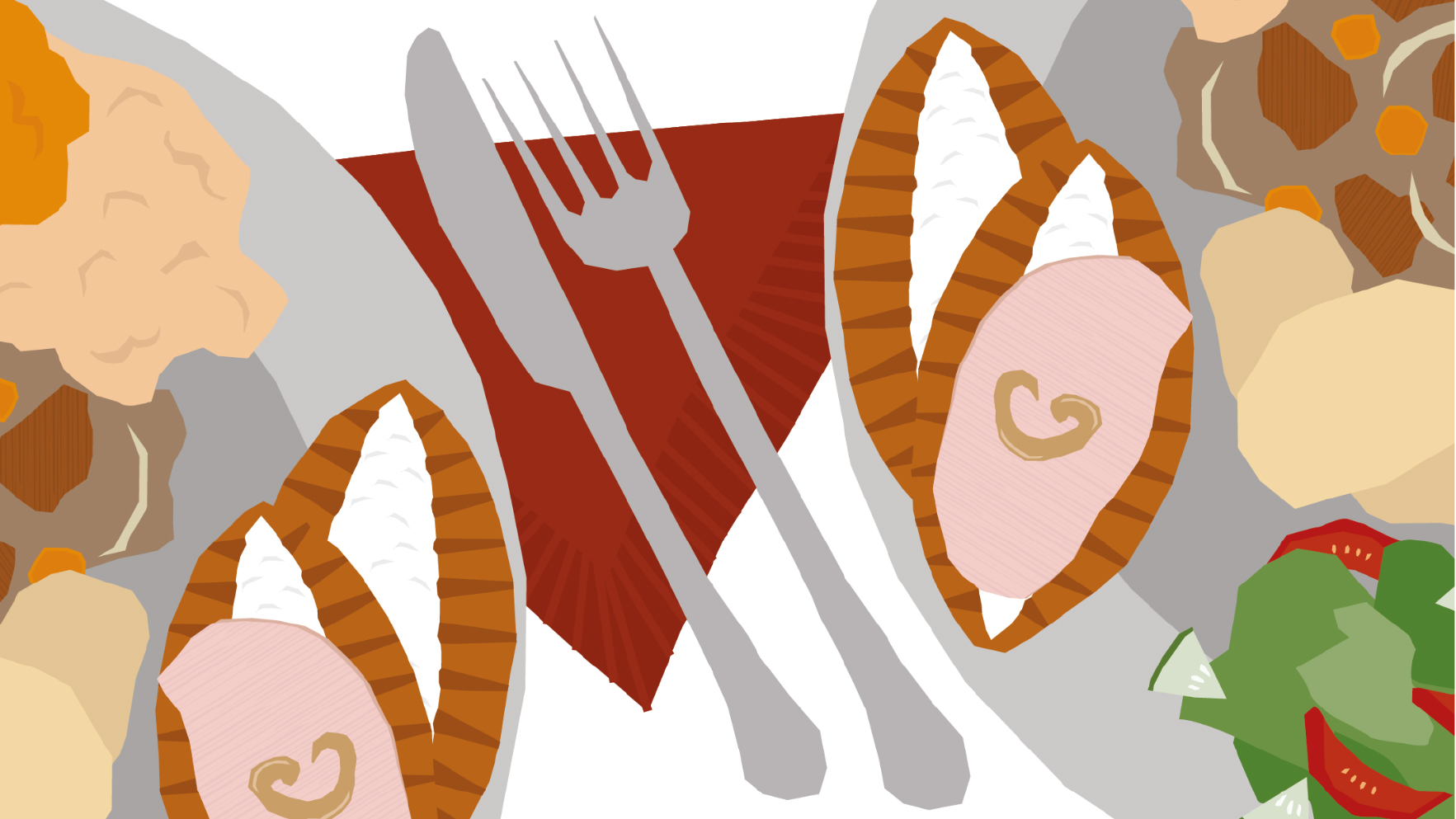 Piirroskuva, keskellä haarukka ja veitsi, reunoilla täydet ruokalautaset.