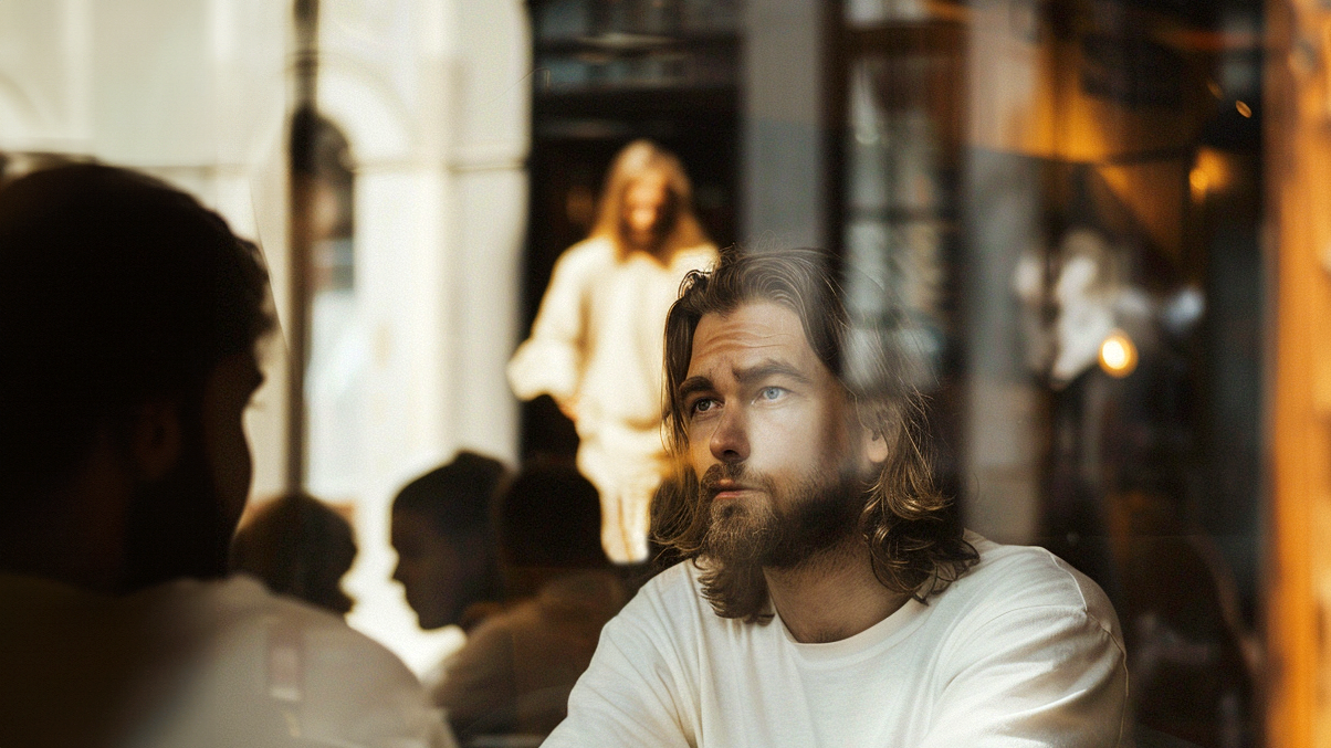 Nuori mies istuu kahvilassa katsoen ulos ikkunasta ja näkee auringon valaiseman ihmishahmon.