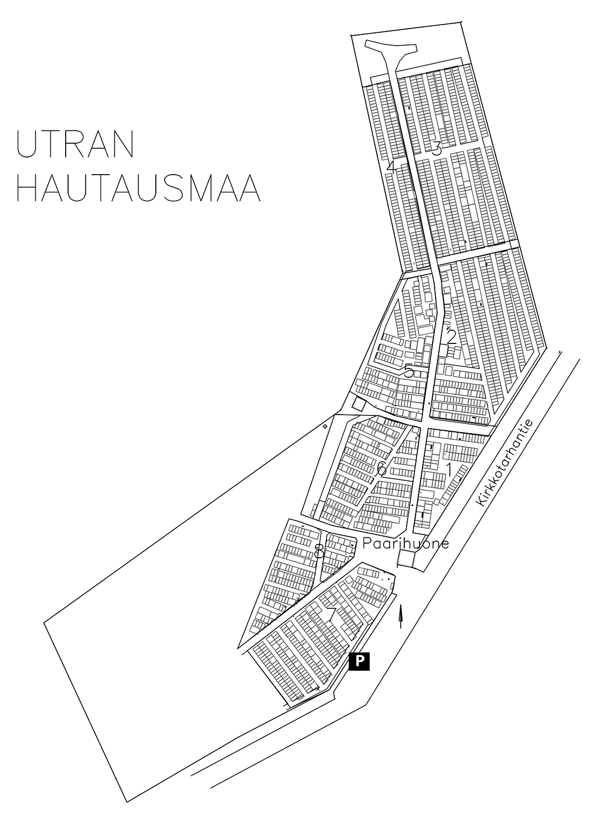 Karttakuva Utran hautausmaan eri lohkoista.