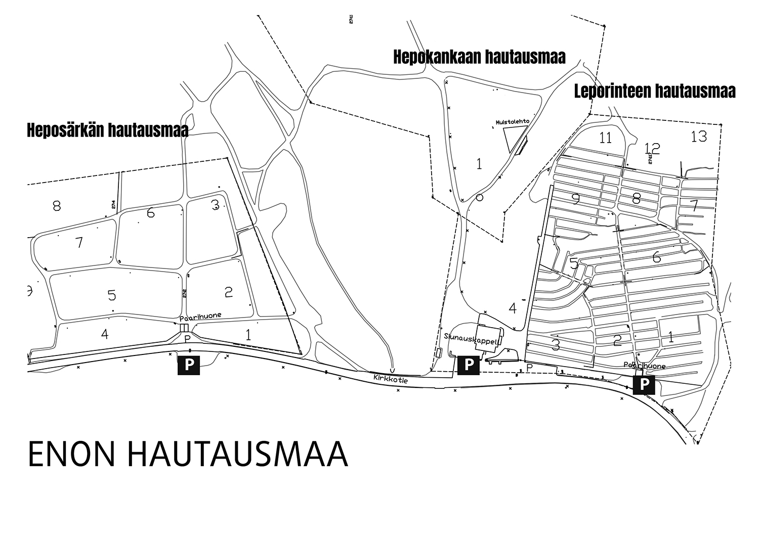 Enon hautausmaan alueiden karttakuva, kolme erillistä nimettyä osaa eli Heposärkän, Hepokankaan ja Leponiemen hautausmaat.