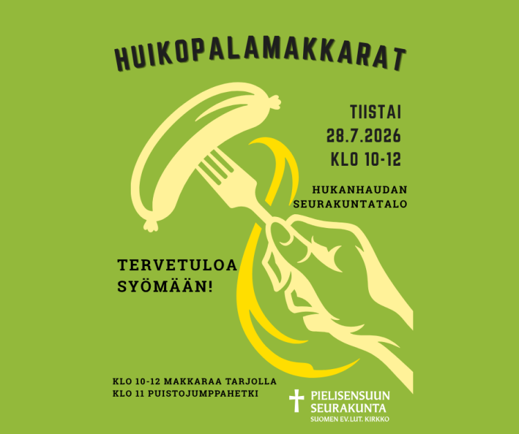 Kuvassa makkara ja kutsu huikopalamakkara tilaisuuteen