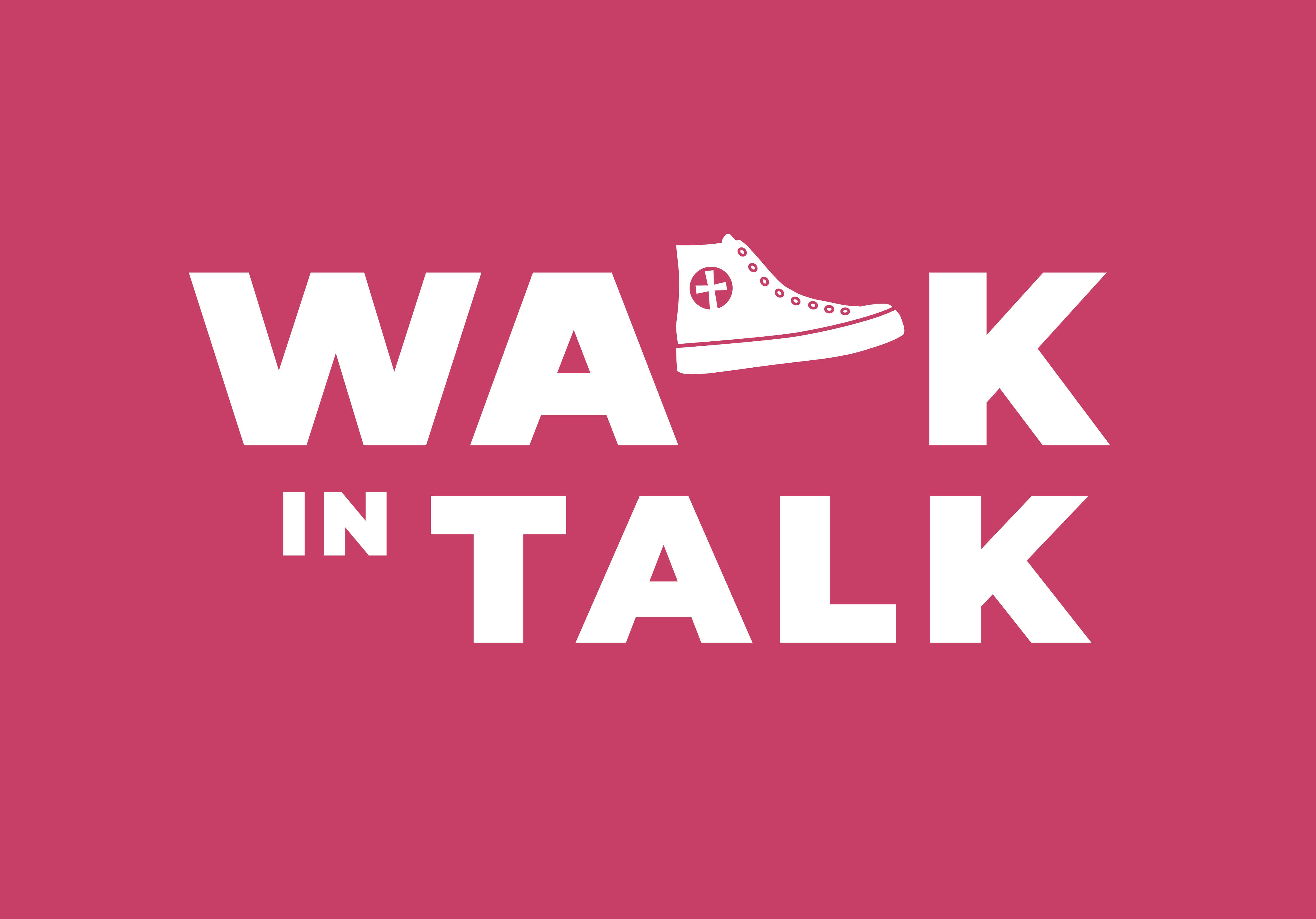 Punaisella pohjalla valkoinen teksti: Walk in talk. Walk in talk -toiminnan tunnus.