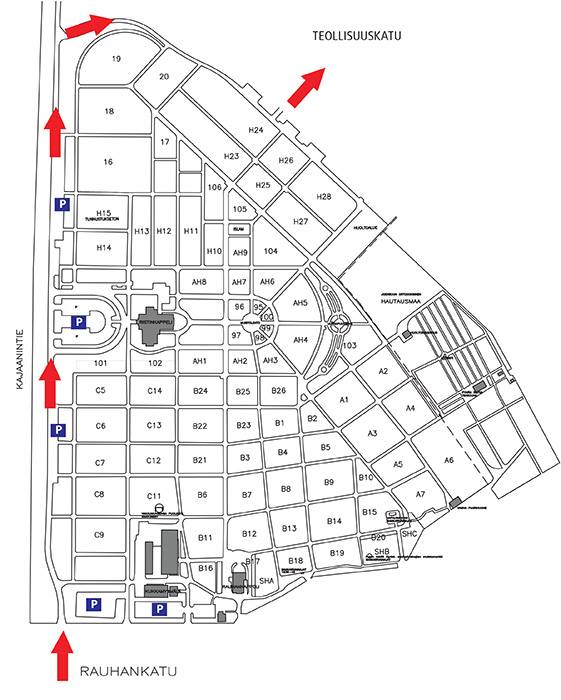 Joensuun hautausmaan kartta, johon merkitty punaisilla nuolilla poikkeuksellinen ajoreitti: sisäänajo parkk...