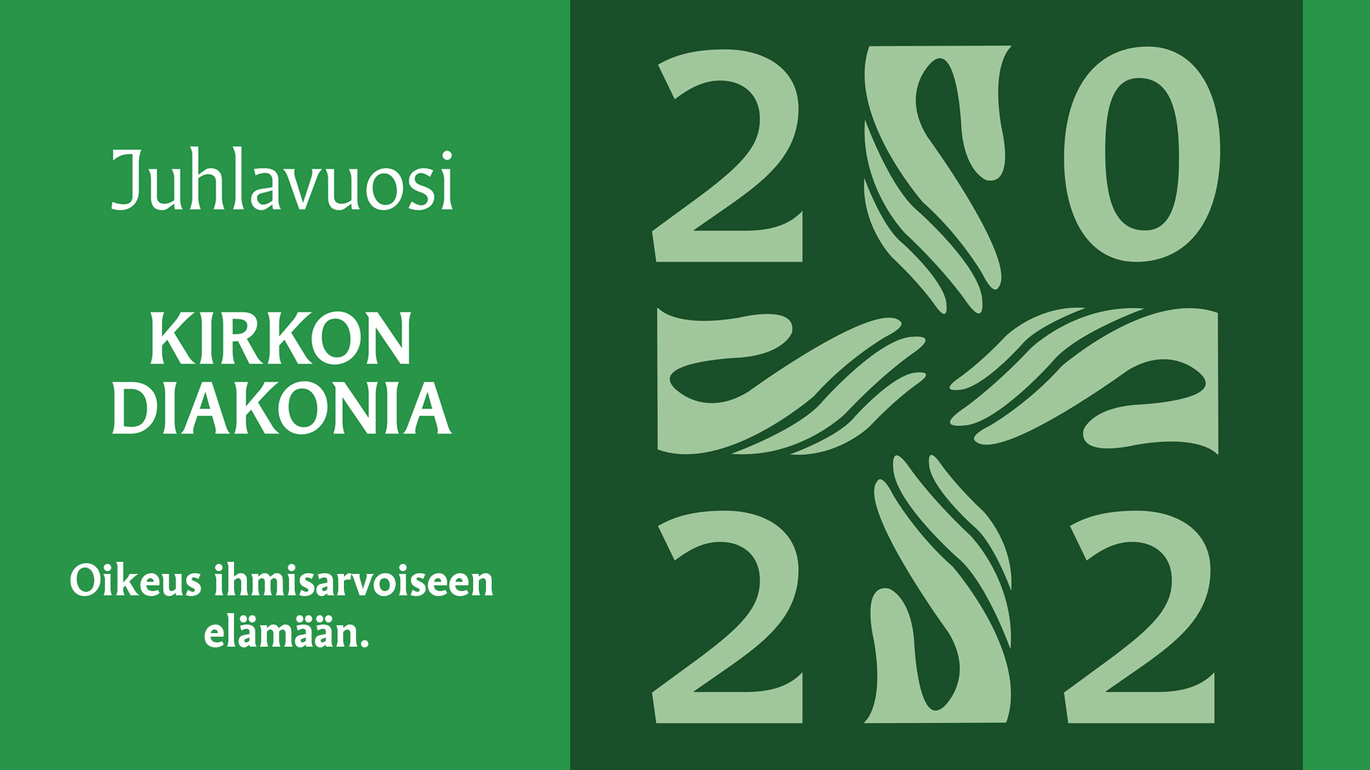 Kuvassa Diakonian juhlavuoden logo, jossa tyylitellyt kädet ja vuosiluku 2022. Kuvassa on myös teksti Juhla...