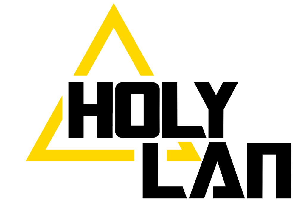Keltainen kolmio jonka sisällä ja alapuolella lukee holylan teksti