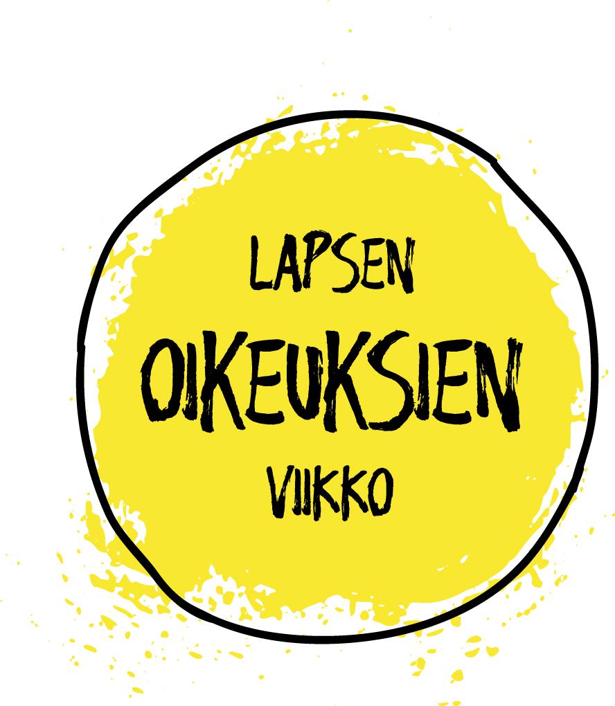 Piirretty ympyrä, jossa keltainen tausta ja teksti lapsen oikeuksien viikko.