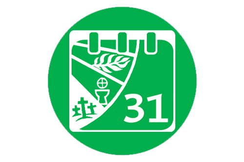 Vihreä pallo, jonka sisällä kalenterin välilehti, symbolikuvia sekä numero 31.