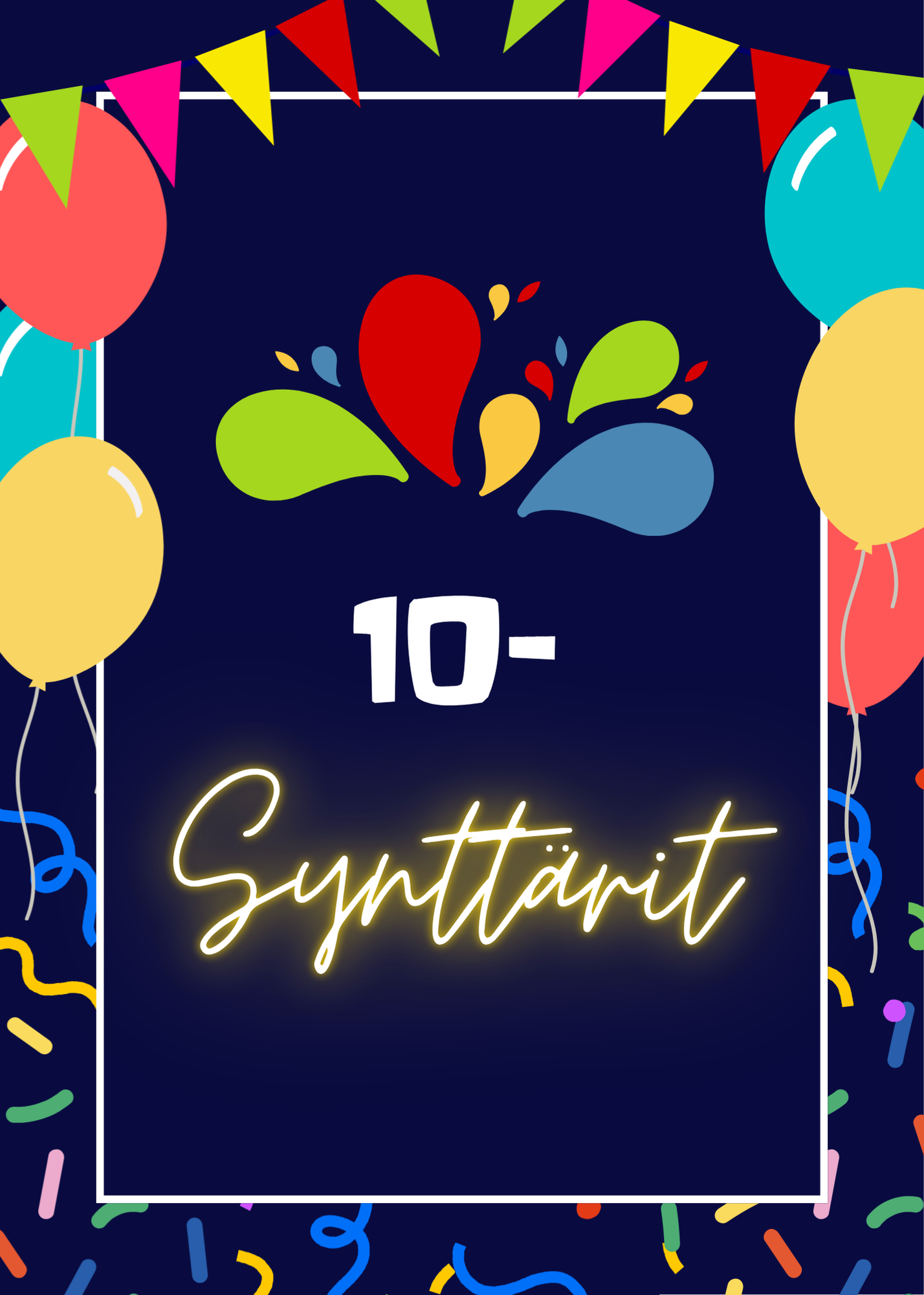 Kuvassa ilmapalloja, viirinauha ja teksti 10-synttärit