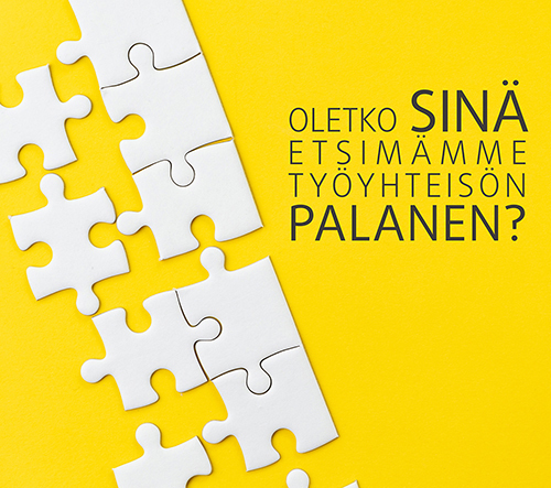 Valkoisia palapeliosia keltaisella taustalla, teksti Oletko sinä etsimämme työyhteisön palanen?